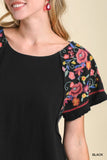 Embroidered Sleeve Frayed Ruffle Trim Top, Black