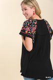 Embroidered Sleeve Frayed Ruffle Trim Top, Black