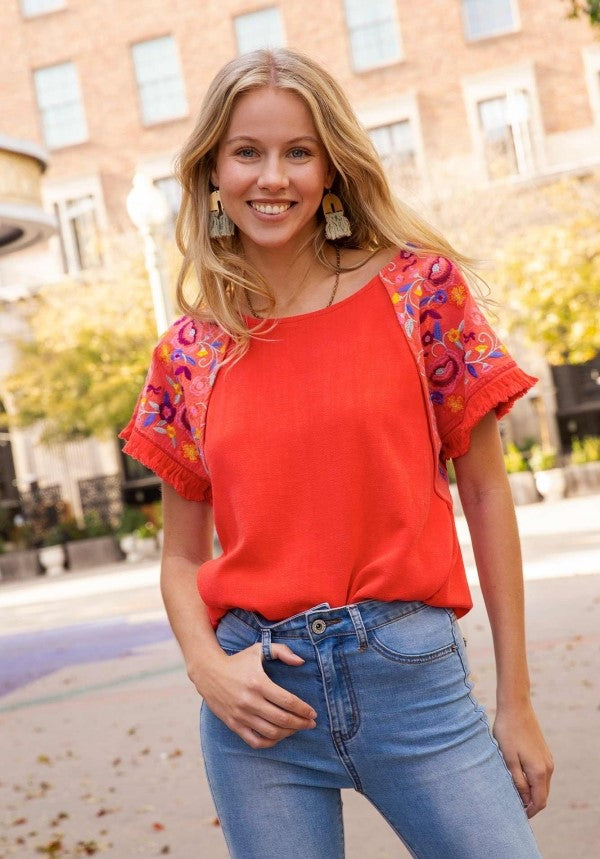 umgee Embroidered Sleeve Frayed Ruffle Trim Top