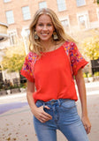 umgee Embroidered Sleeve Frayed Ruffle Trim Top