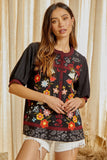 Floral Embroidered Button Top, Black