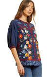 Floral Embroidered Cotton Top, Blue
