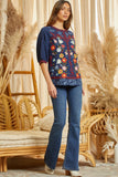 Floral Embroidered Cotton Top, Blue