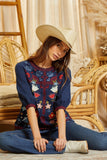 Floral Embroidered Cotton Top, Blue