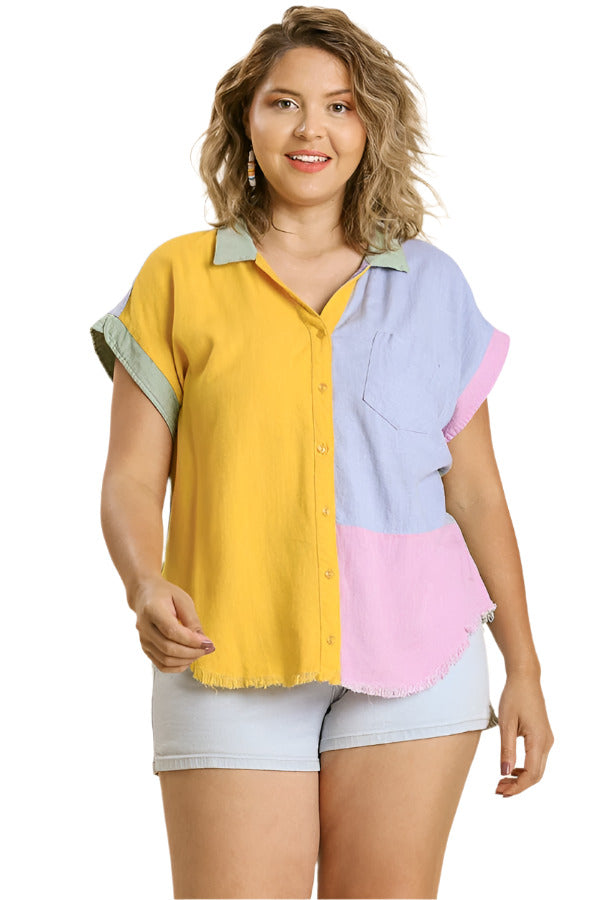 Color Block Gauze Top, Mango & Sky