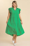 Tiered Ruffle Sleeve Midi Dress, Green