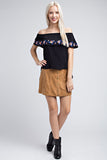 Strapless Embroidered Ruffle Top, Black