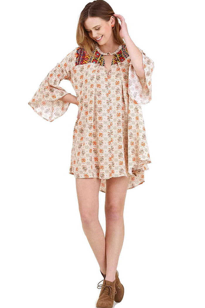 Floral Keyhole Bell Sleeve Dress, Taupe