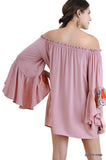 Floral Embroidered Bell Sleeve Mini Dress, Dusty Pink