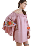 Floral Embroidered Bell Sleeve Mini Dress, Dusty Pink