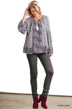 Floral Tassel Tie Peasant Top, Purple Mix