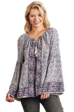 Floral Tassel Tie Peasant Top, Purple Mix
