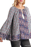 Floral Tassel Tie Peasant Top, Purple Mix