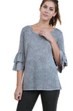 Mineral Washed Layered Ruffled Bell Sleeve Top, Cool Grey