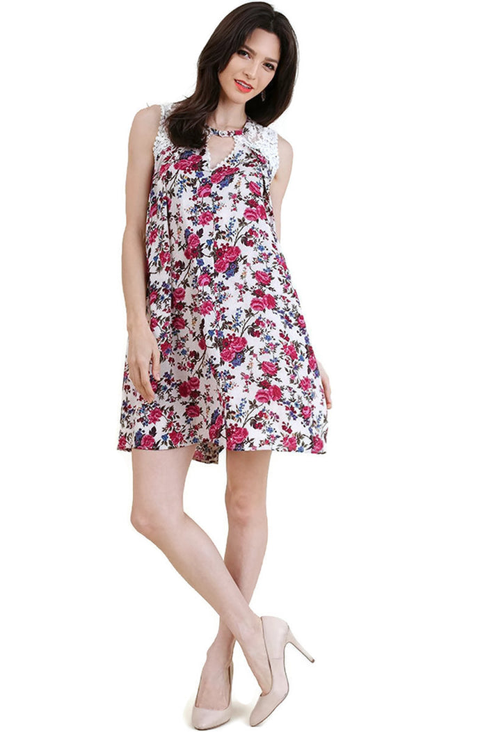 Floral & Lace Sleeveless Dress, Berry