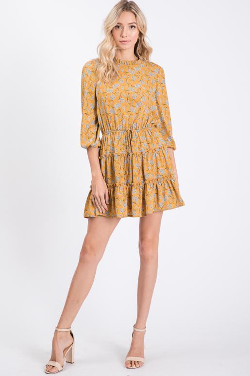 Floral & Ruffle Mustard Mini Dress