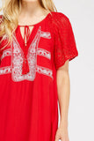 Lace & Embroidered Mini Dress, Red