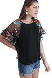 Floral Embroidered Layered & Ruffled Sleeve Top, Black