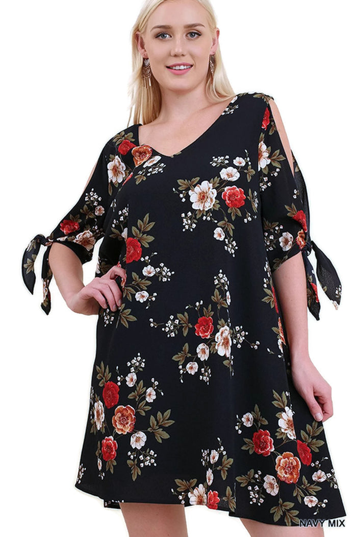 Floral Print Cut Out Dress, Navy Mix