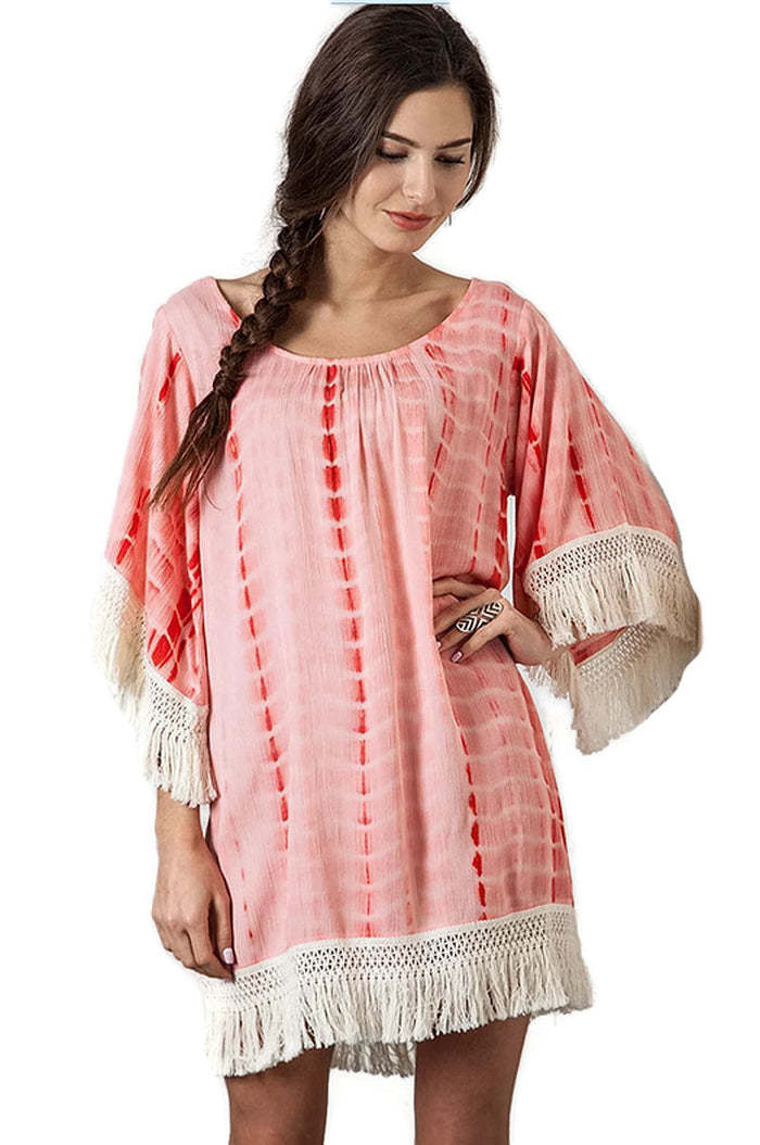 Tie Dye Tassel & Fringe Dress, Coral