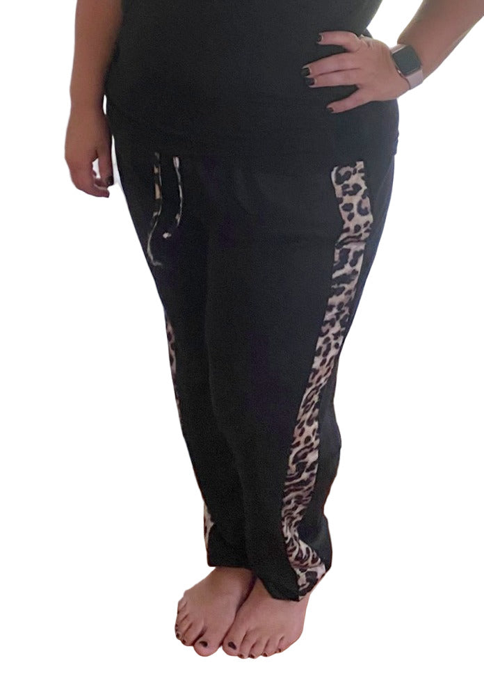 Leopard Trimmed Joggers, Black