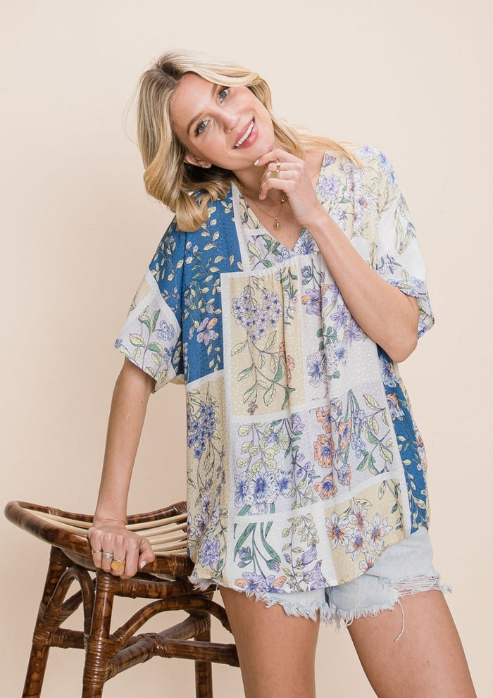 Cotton Bleu Floral V-Neck Top