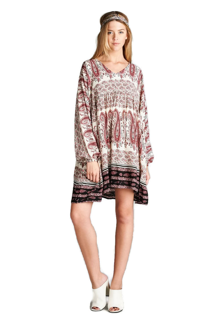 Paisley V-Neck Mini Dress, Pink