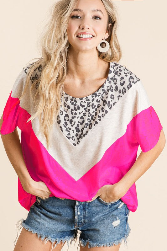 bibi leopard & color block top neon pink
