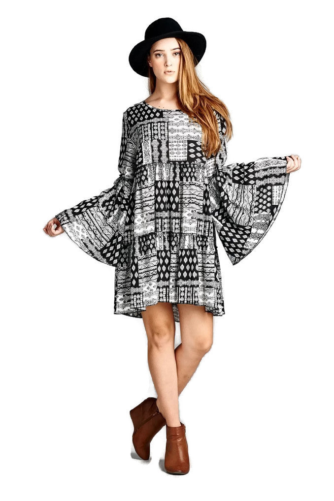 Multi-Pattern Bell Sleeve Dress, Black