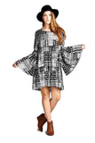 Multi-Pattern Bell Sleeve Dress, Black
