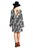 Multi-Pattern Bell Sleeve Dress, Black