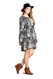 Multi-Pattern Bell Sleeve Dress, Black