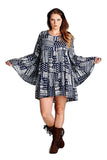 Multi-Pattern Bell Sleeve Dress, Blue