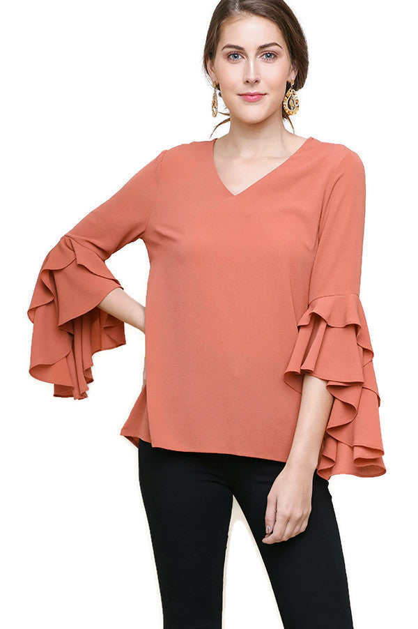 Layered Ruffle High Low Sleeve Blouse, Clay