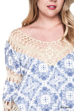 Crochet & Fringe Printed Top, Off White
