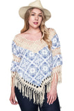 Crochet & Fringe Printed Top, Off White