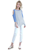 Open Shoulder Striped Raglan Top, Blue
