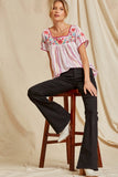 Babydoll Embroidered Top, Ivory Magenta
