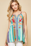 andree by  unit embroidered striped aqua tank top