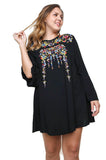 Floral Embroidered Bell Sleeve Mini Dress, Black
