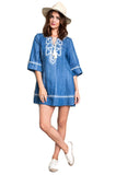 Embroidered Denim Dress, Blue