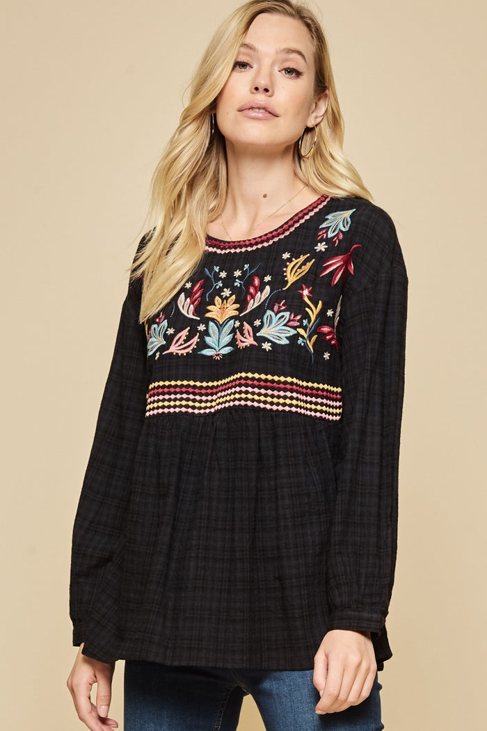 Babydoll Embroidered Top, Black