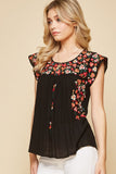 Flutter Sleeve Embroidered Top, Black