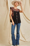 Flutter Sleeve Embroidered Top, Black