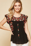 Flutter Sleeve Embroidered Top, Black