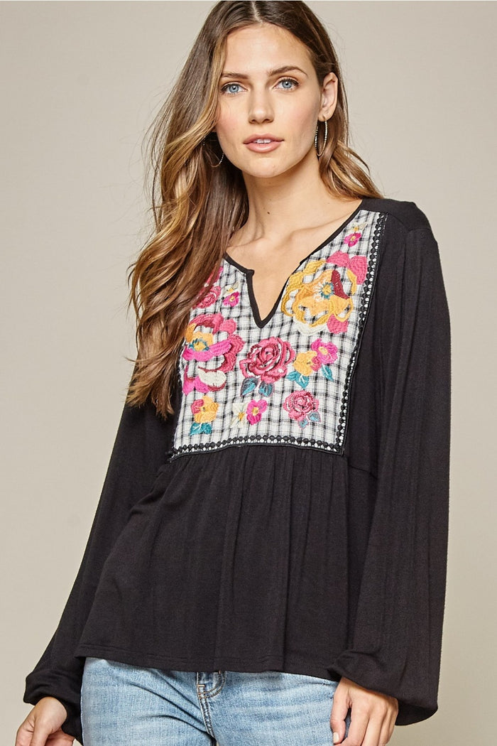 embroiderd & plaid babydoll top