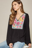Embroidered Plaid Babydoll Top