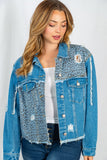 WHITE BIRCH Leopard Frayed Denim Jacket