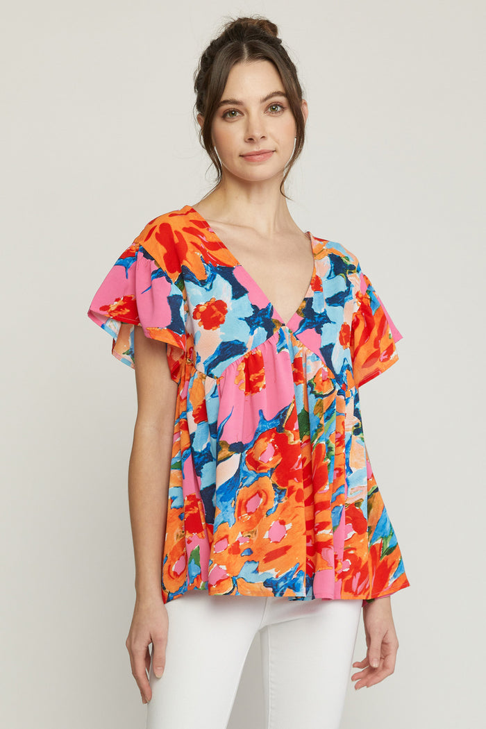 ENTRO USA Floral Babydoll Ruffle Sleeve Top