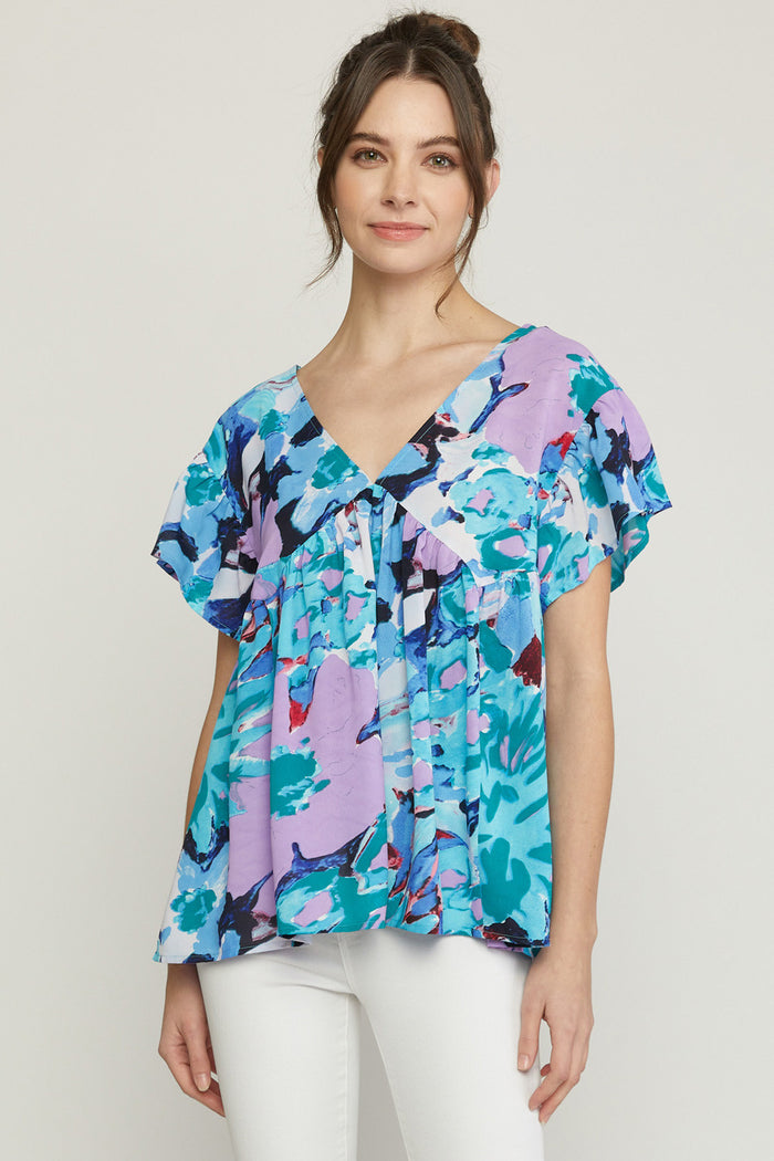 ENTRO USA Floral Babydoll Ruffle Sleeve Top